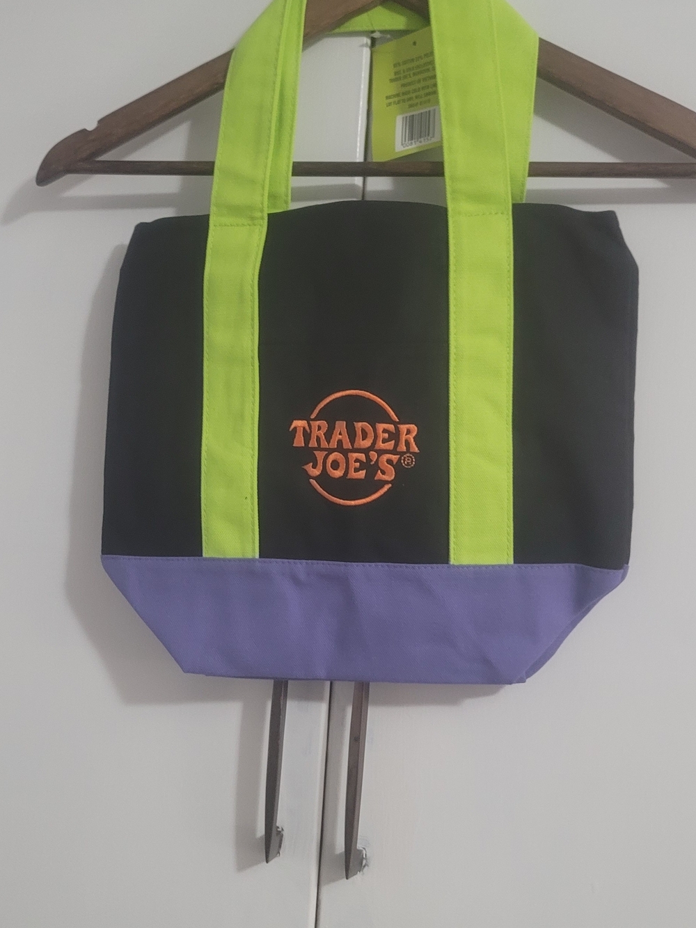 Trader Joe's Black Mini Tote with Lime Handles and Purple Base Halloween Edition